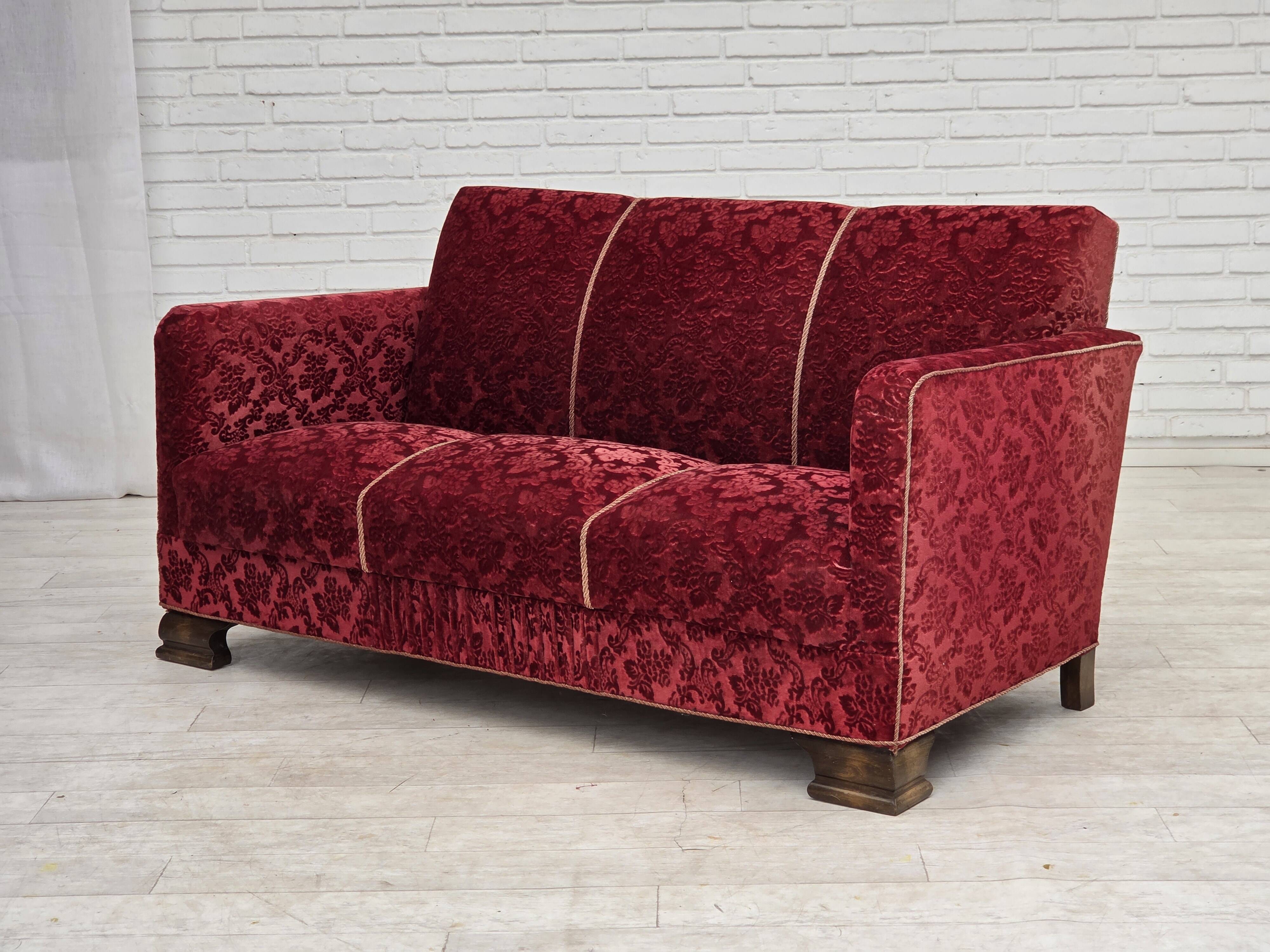 1950s, Danish 3-seater sofa, furniture velour, oak wood.