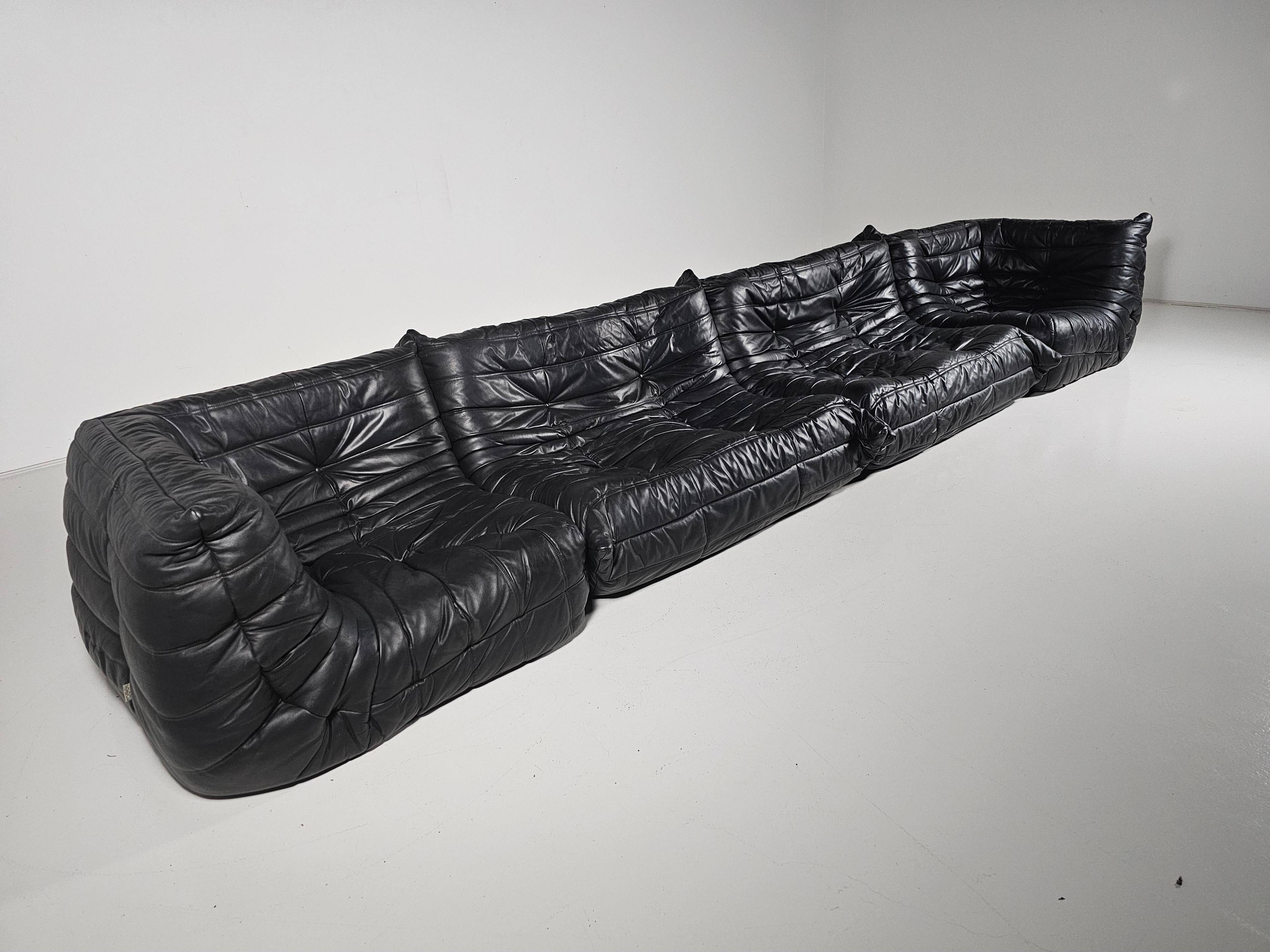 Togo black leather sofa, original, Michel Ducaroy, Ligne Roset, 1980