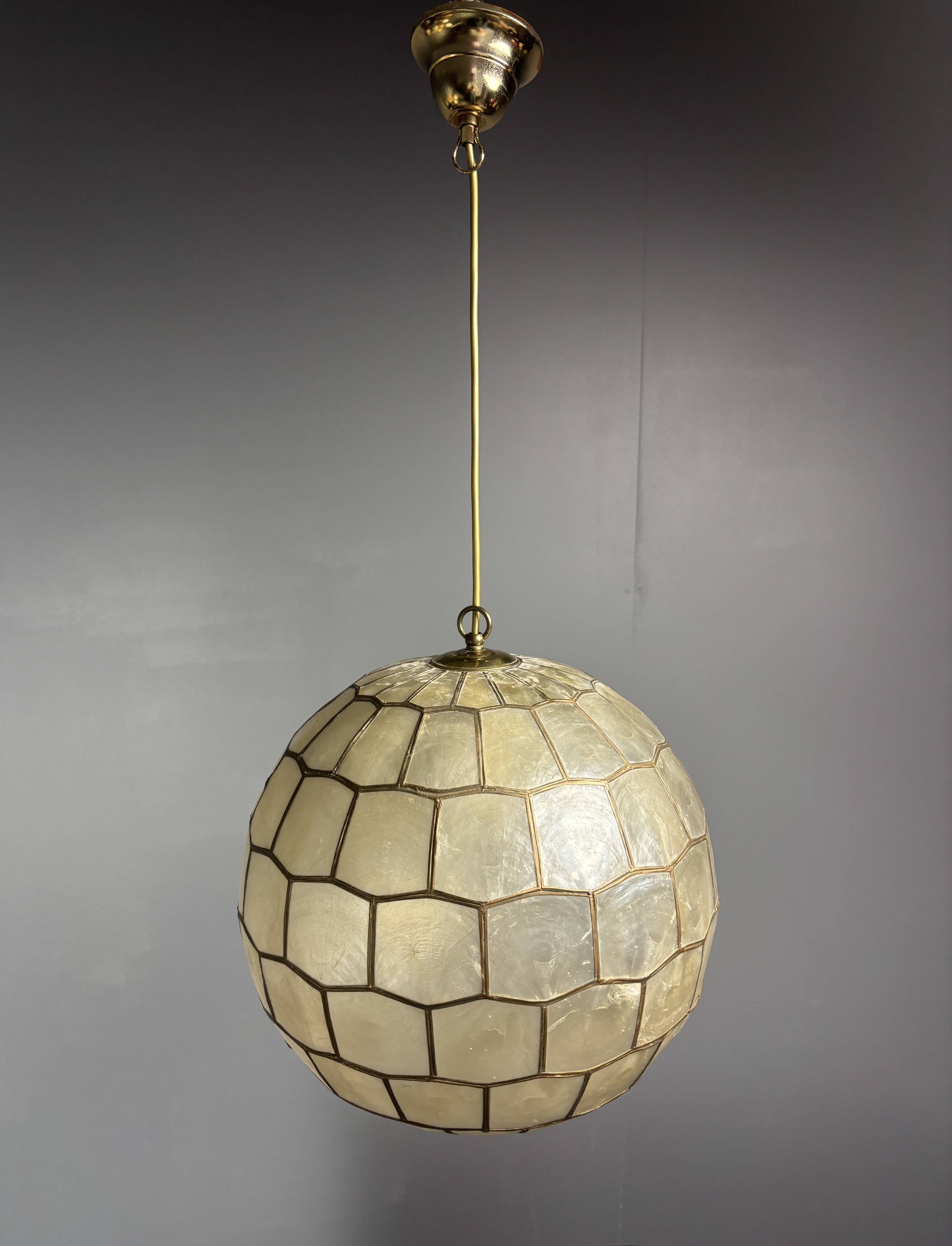 Midcentury mother of pearl Capiz shell & brass sphere large pendant, 1960s
