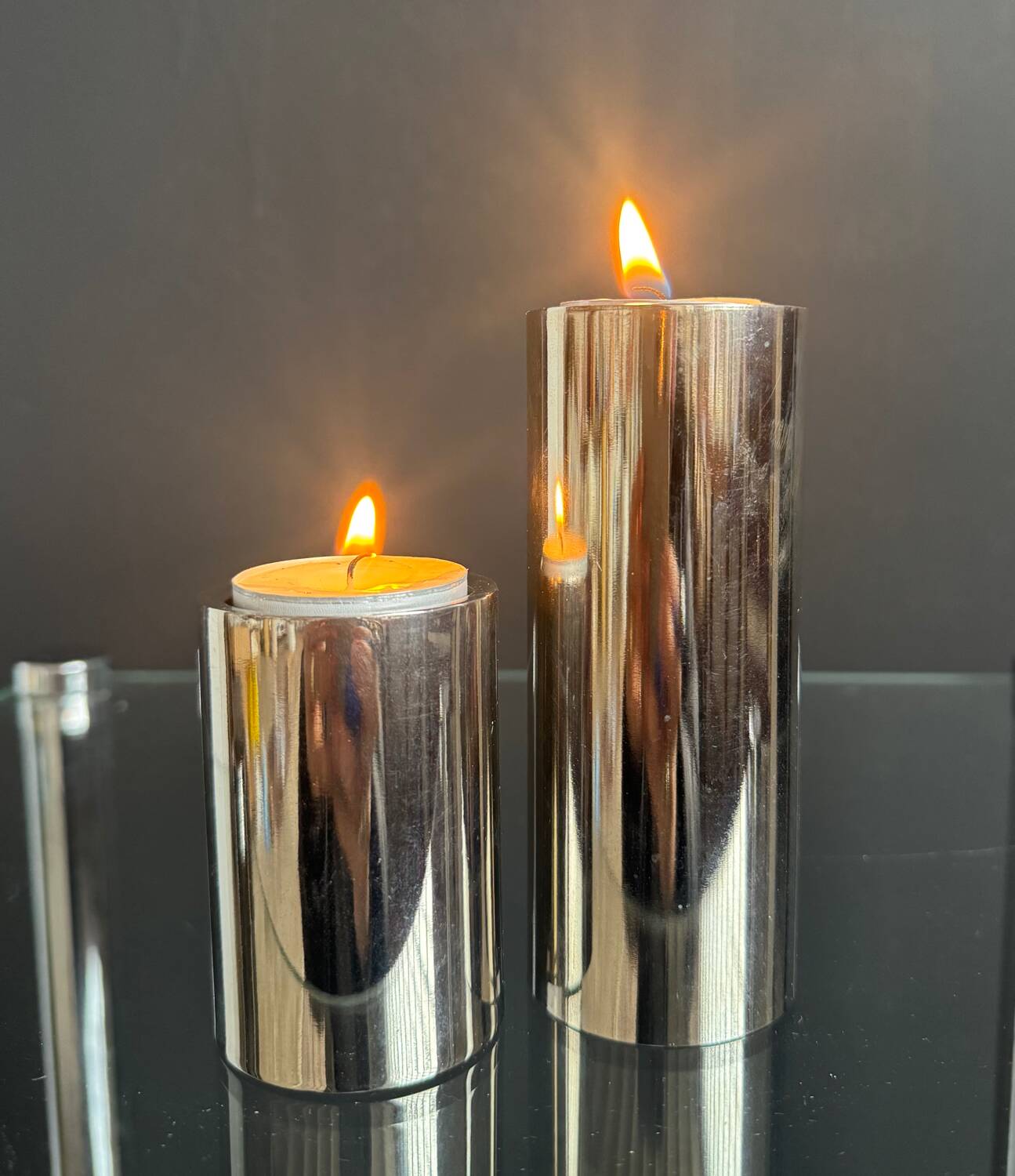 Chrome cylinder candlesticks from the 1980s