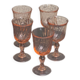 5 Rosaline wine glasses in twisted pink glasses, stamped France Vintage 1950/60