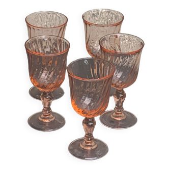 5 Rosaline wine glasses in twisted pink glasses, stamped France Vintage 1950/60