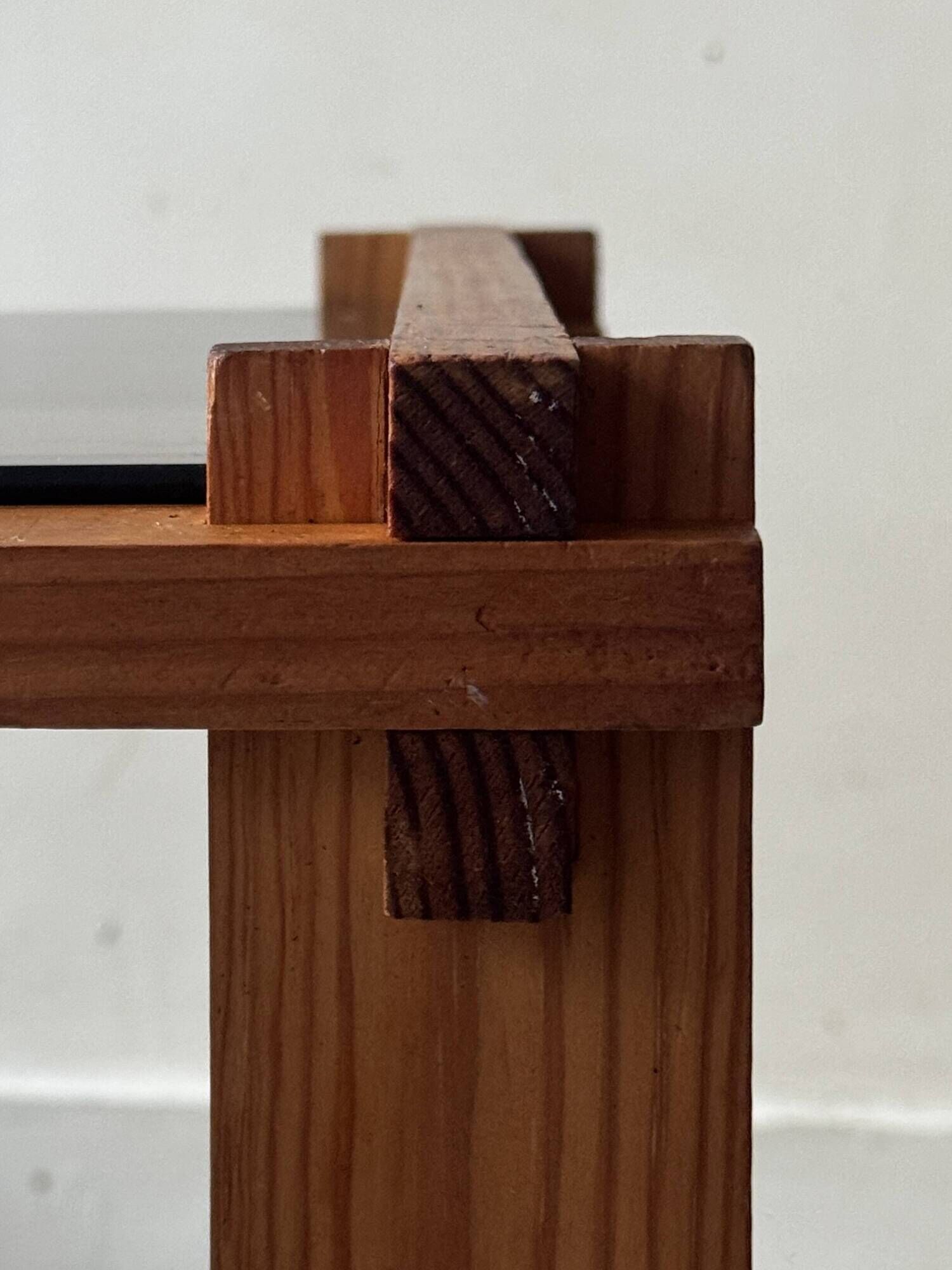 Modernist side table/nightstand in pine wood & smoked glass, 1970s design.