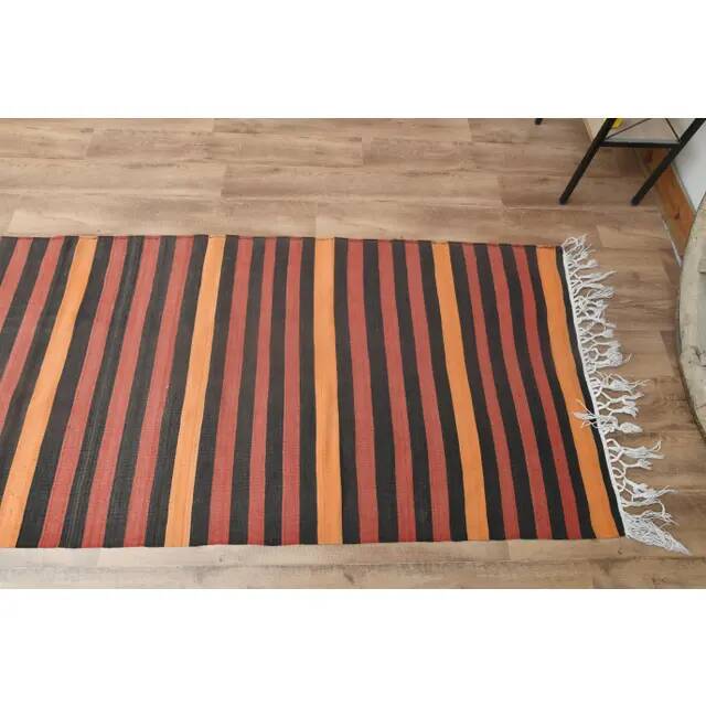 1970s Vintage Turkish Handmade Wool Cotton Red Orange Kilim Rug 93x323