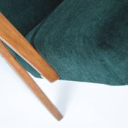 Fauteuil compas restauré, tissu vert forêt, bois de teck, 1960
