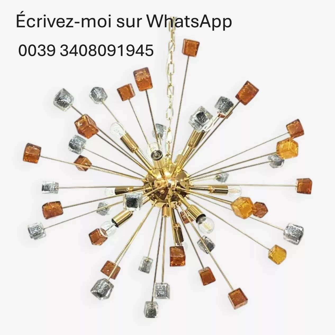 Contemporary Amber and Black Cubes Murano Glass Gold Sputnik Chandelier