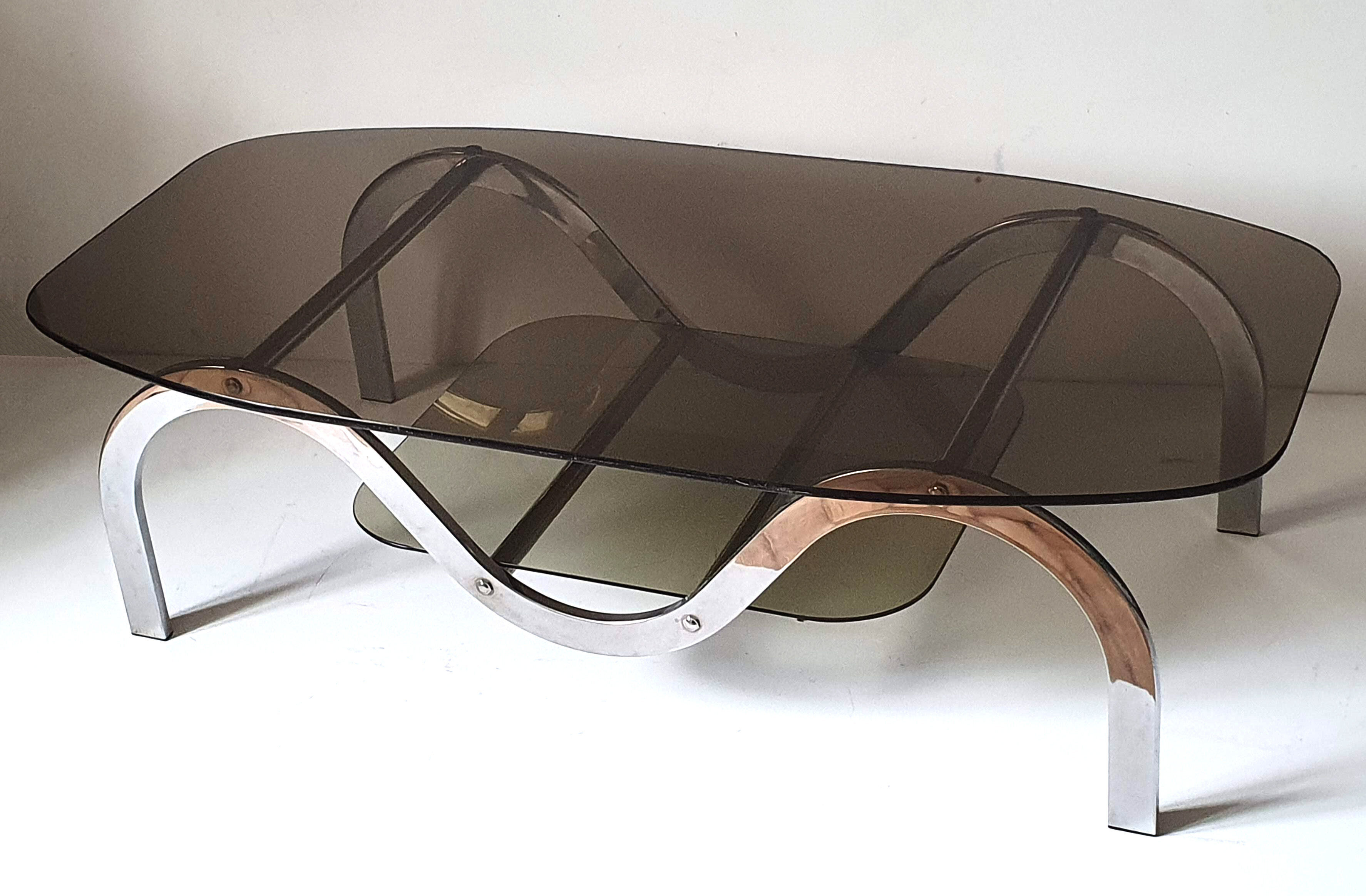 Coffee table chrome metal and smoked glass 70s
