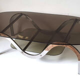 Coffee table chrome metal and smoked glass 70s