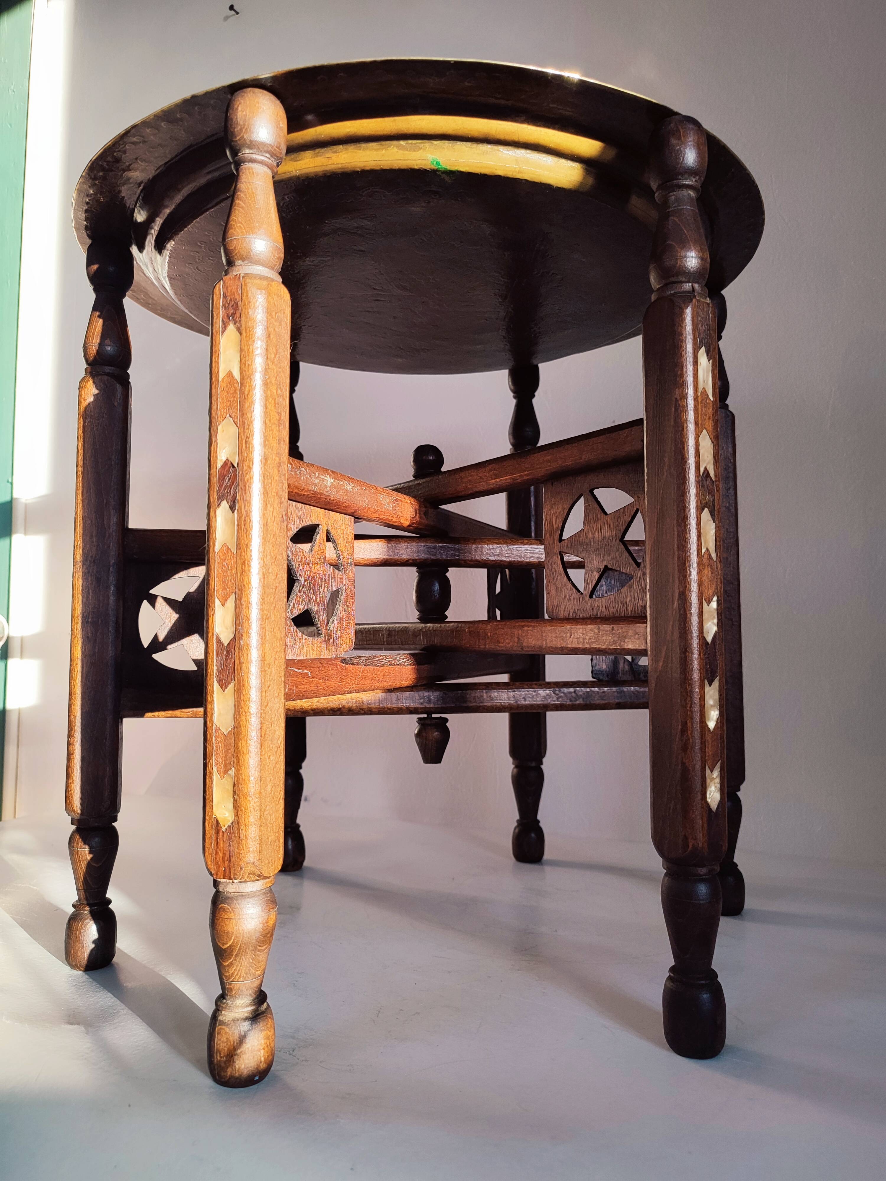 Syrian tea coffee table, mother-of-pearl wood and brass top