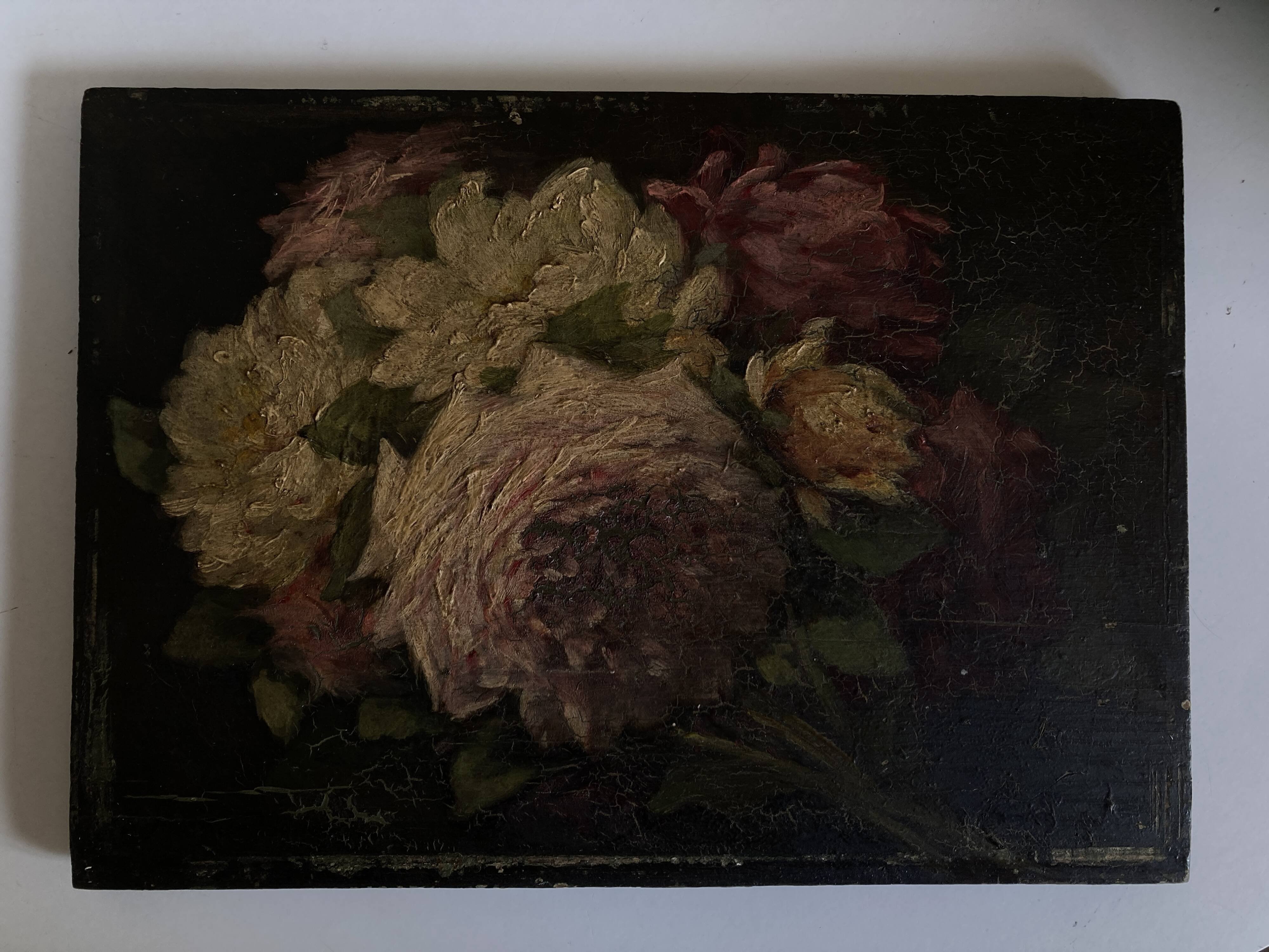 Painting of 19 roses from the garden, oil on wood.