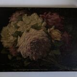 Painting of 19 roses from the garden, oil on wood.