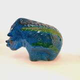 Vintage rhinoceros statue, Aldo Londi for Bitossi, Rimini blue series