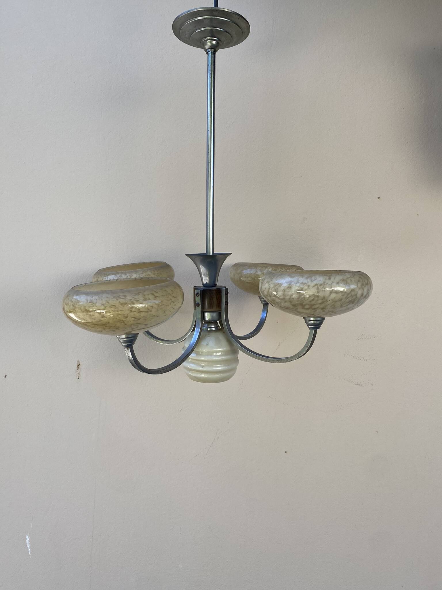 Art Deco opaline wood and metal chandelier
