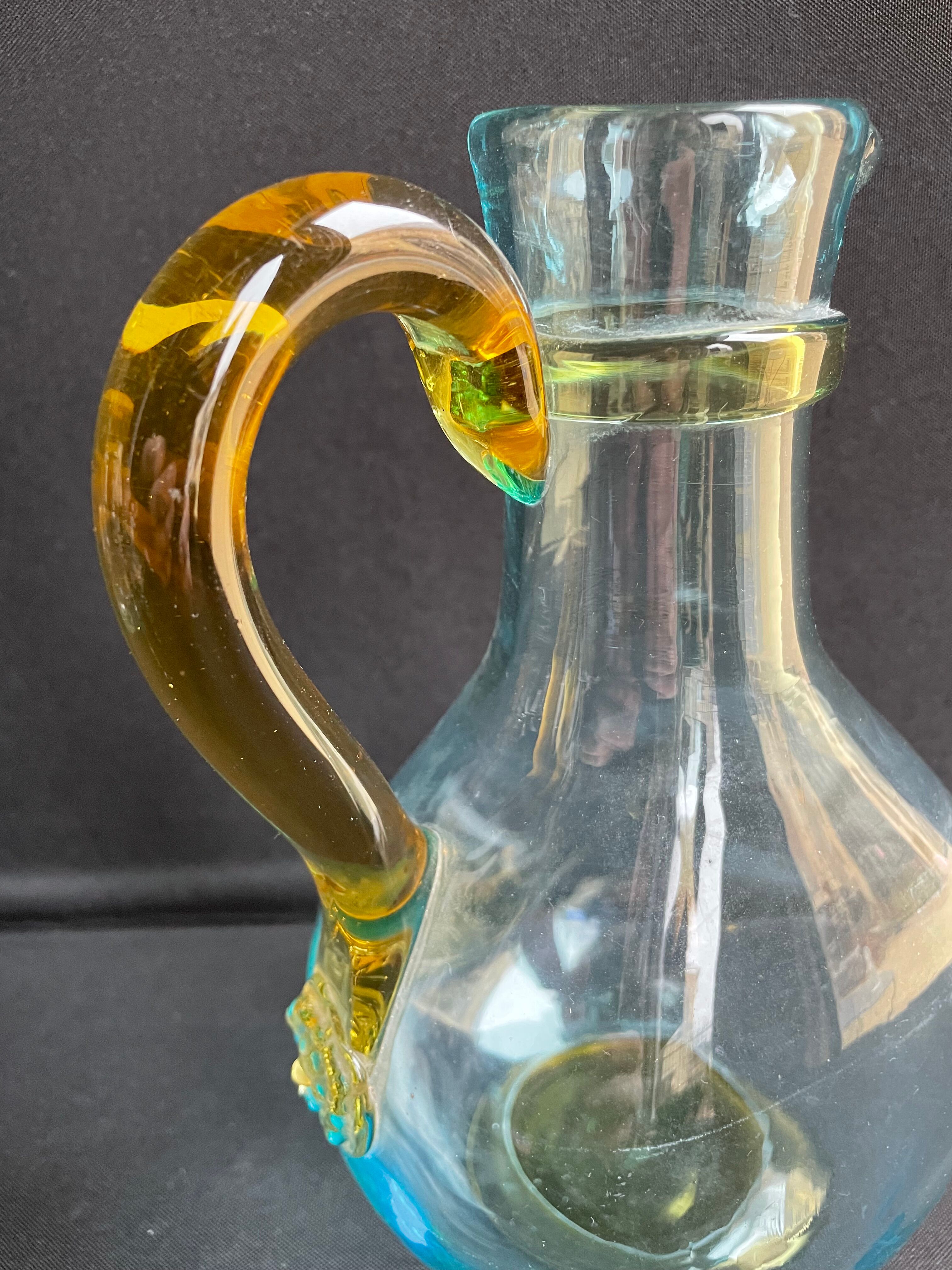 Glassware-crystallery of Portieux - 1 broc and 2 glasses - Napoleon III - Colored blown glass - G