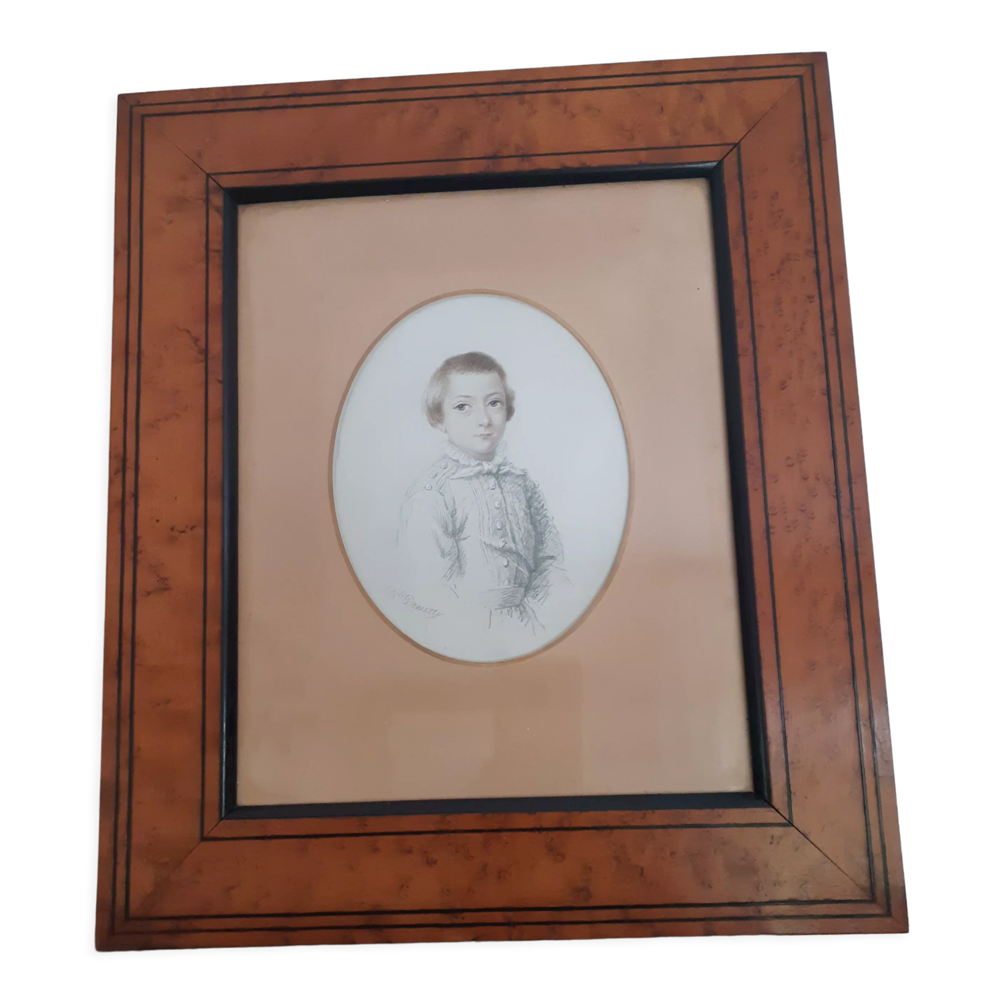 Gravure  jeune garçon, signé Melle Demarcy, cadre en loupe , vers 1830, antique français