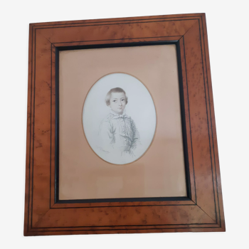 Engraving young boy, signed Melle Demarcy, magnifying glass frame, circa 1830, antique French