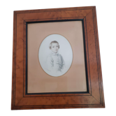 Gravure  jeune garçon, signé Melle Demarcy, cadre en loupe , vers 1830, antique français