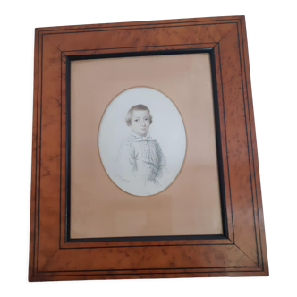 Engraving young boy, signed Melle Demarcy, magnifying glass frame, circa 1830, antique French