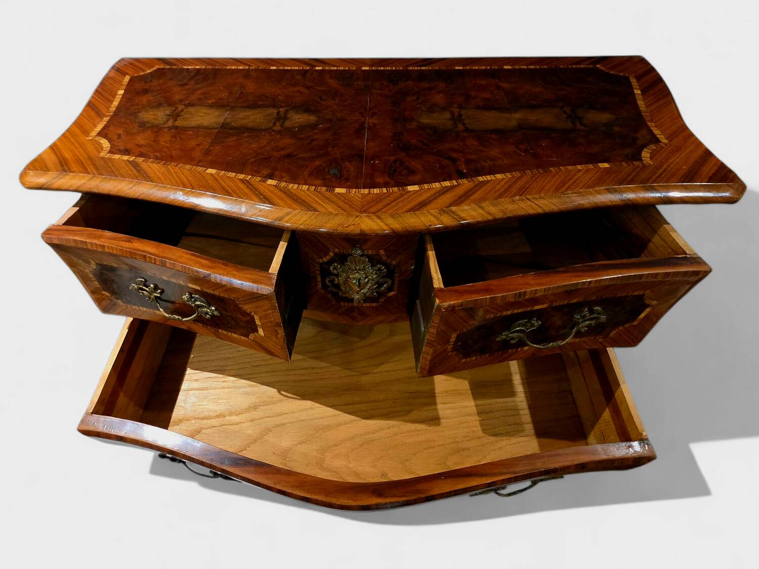 Louis XV style commode in marquetry and gilded bronze