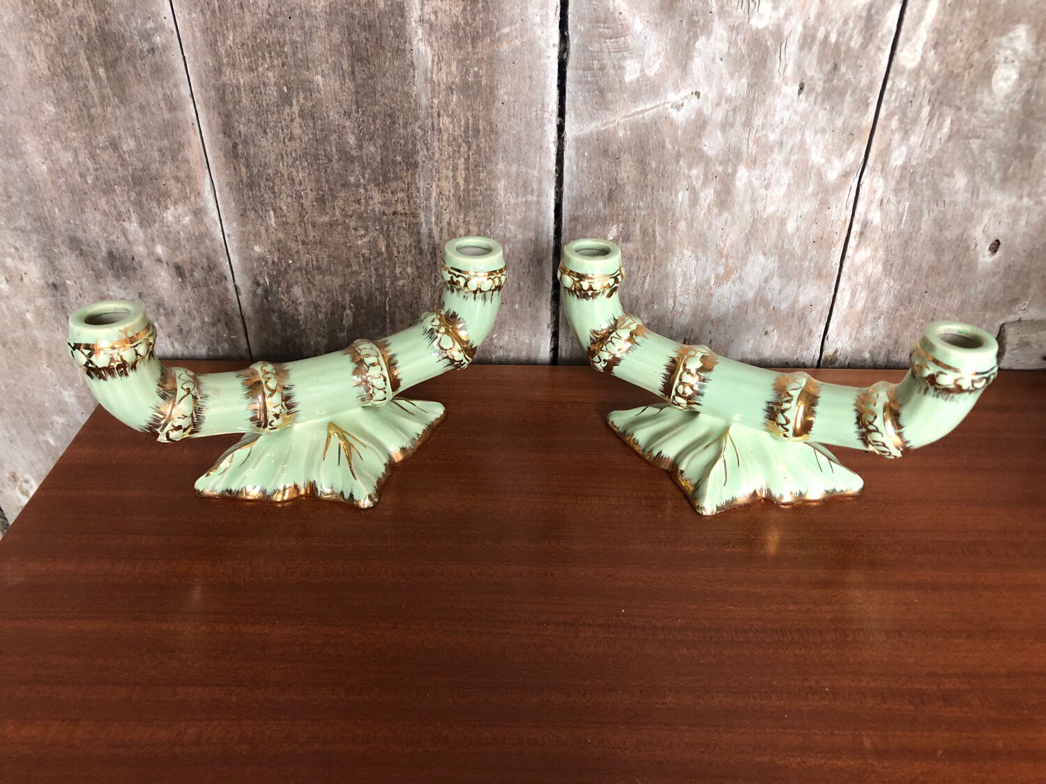 Old pair of double ceramic candlesticks green & gold vintage #A270