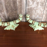 Old pair of double ceramic candlesticks green & gold vintage #A270