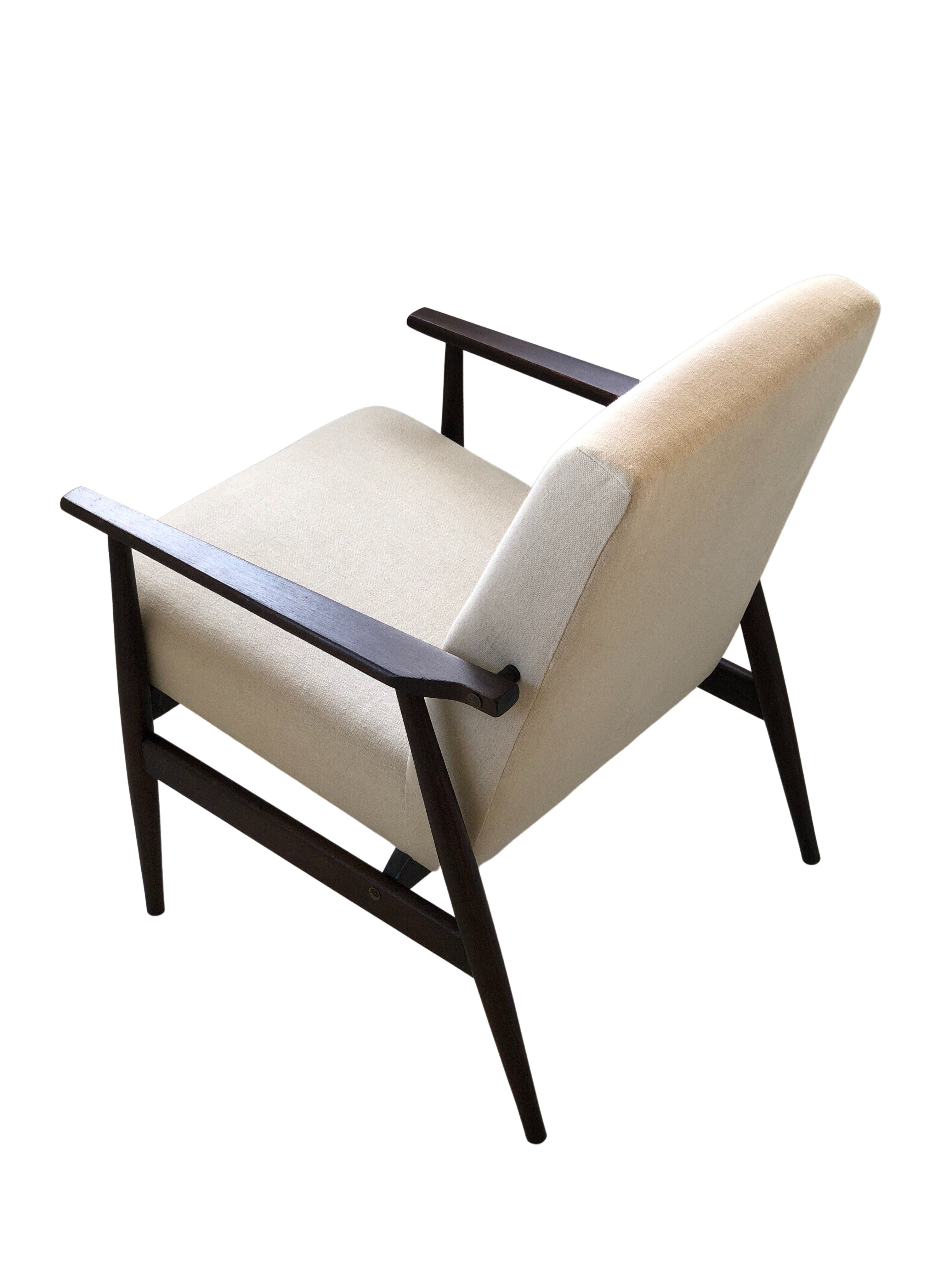 Mid-century beige linen armchair with a stool by Henryk lis, 1960s, set of 2