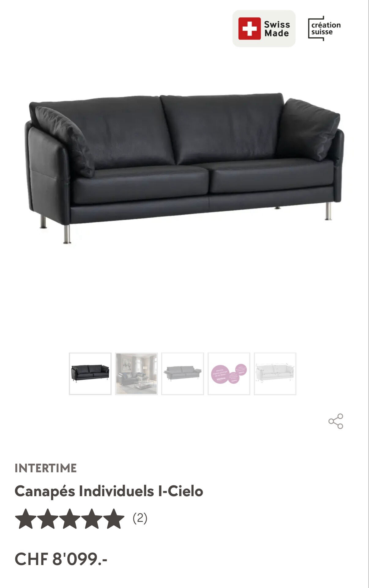 3-seater sofa Intertime I-Cielo black leather contemporary design