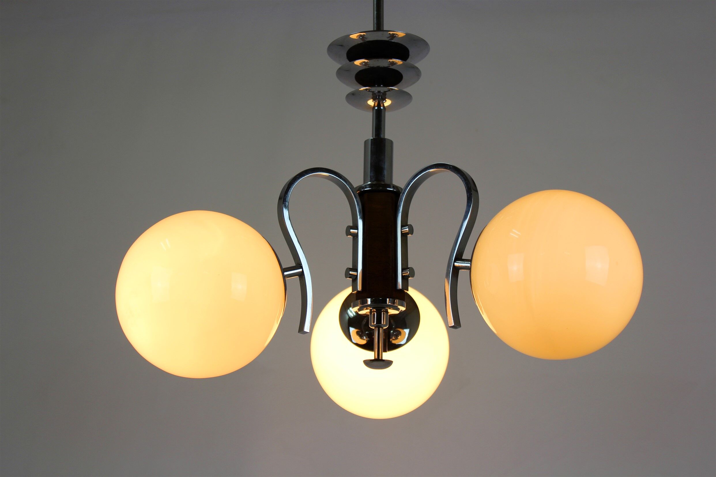 Bauhaus chrome & wood chandelier, 1940