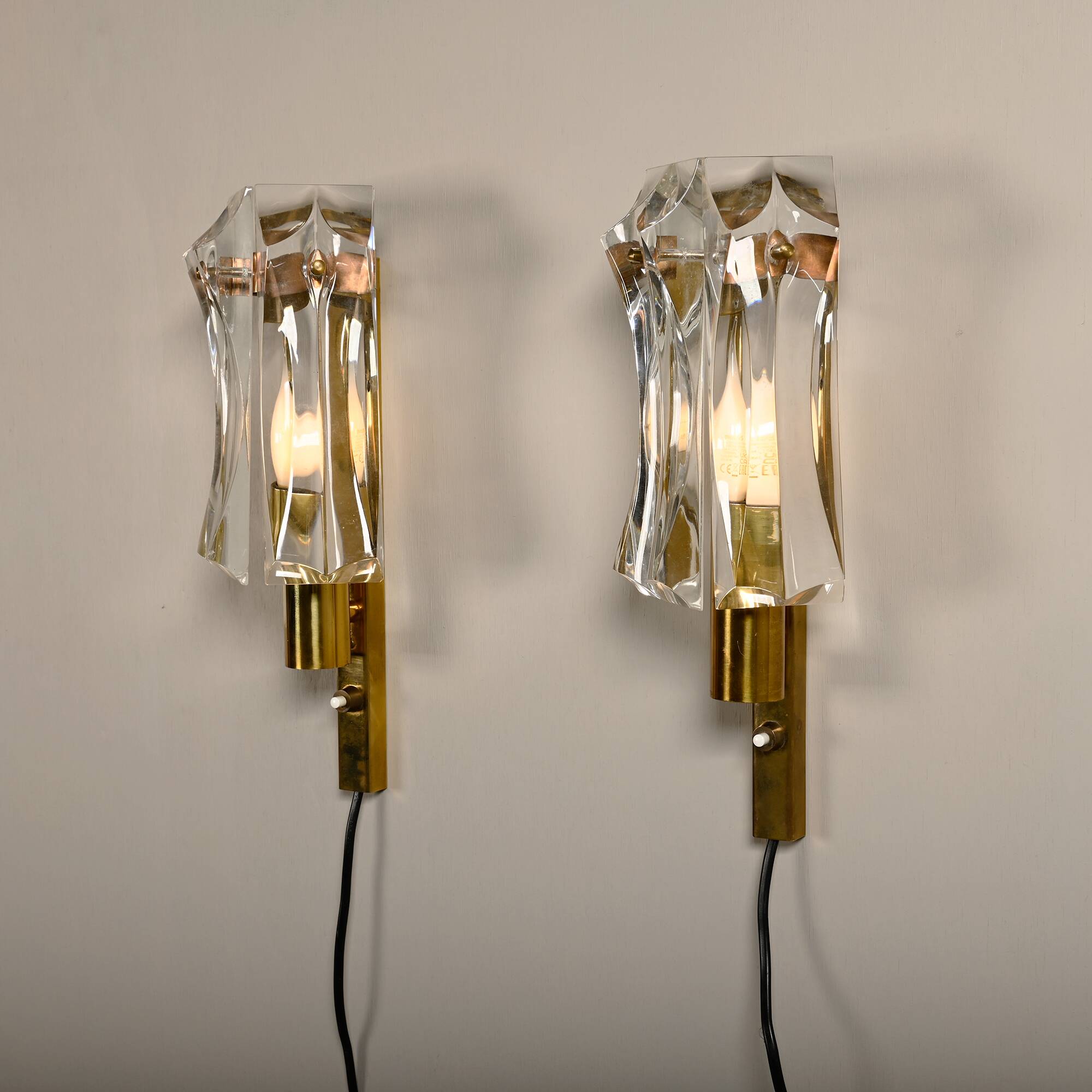 Set of vintage Danish Modern Brass and Glass Wall Sconces, 1970's