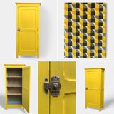 Armoire parisienne bonnetière ancienne jaune poudré.