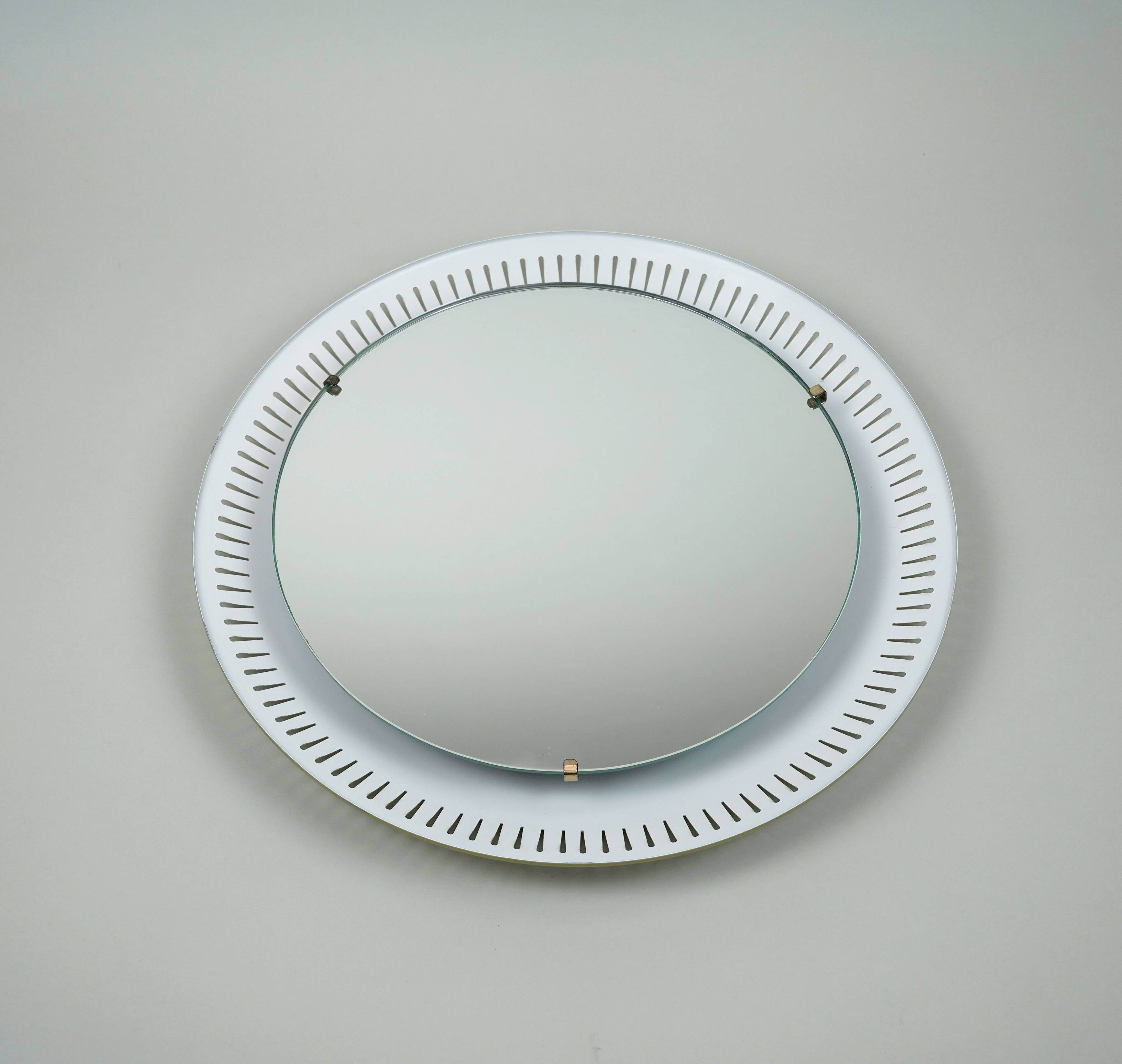 round mid century modern illuminated WALL MIRROR with metal frame 1950s