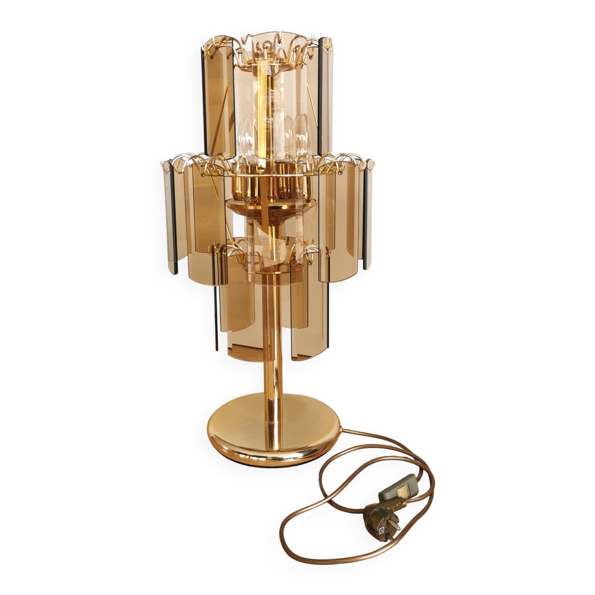 Lampe de bureau vintage en verre fumé : EGLO Leuchten, table dorée autrichienne des années 1980