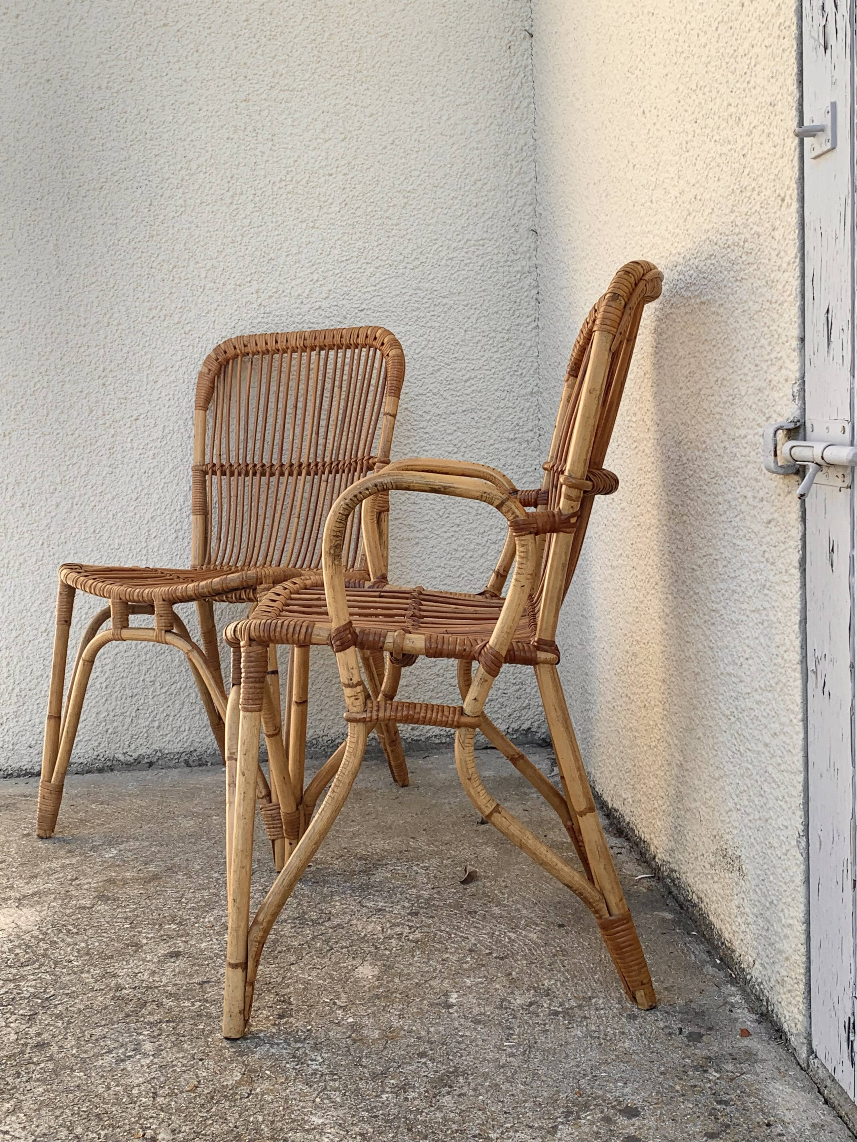 Chair and armchair in vintage rattan 1950
