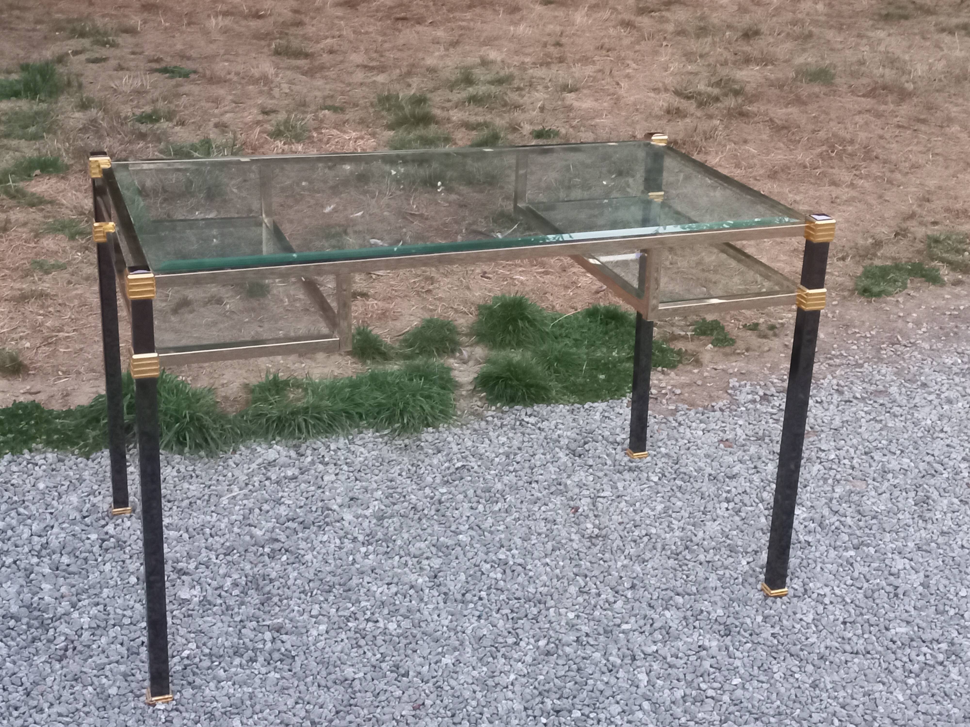 Golden and iridescent metal desk with a glass top from the 70s/80s.