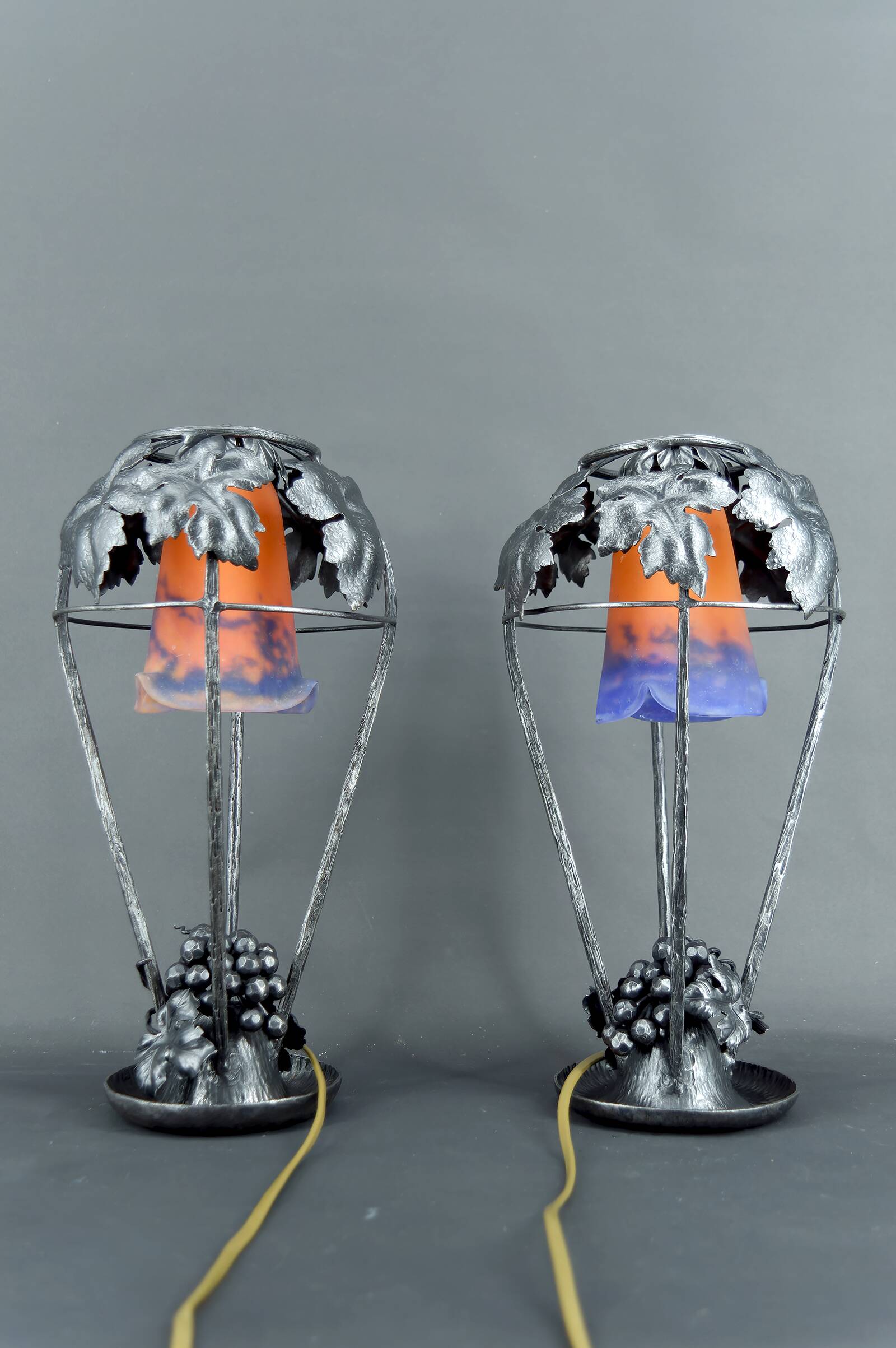 Pair of Wrought Iron Lamps, Vine Theme, Müller Frères, Art Deco, 1925