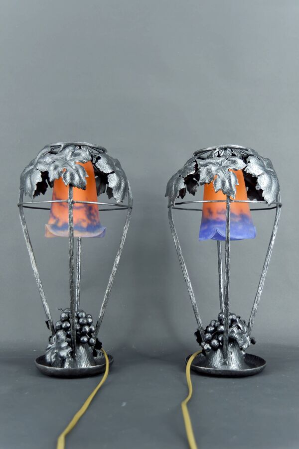 Paire de Lampes Fer Forgé, Thème de la Vigne, Müller Frères, Art Déco, 1925