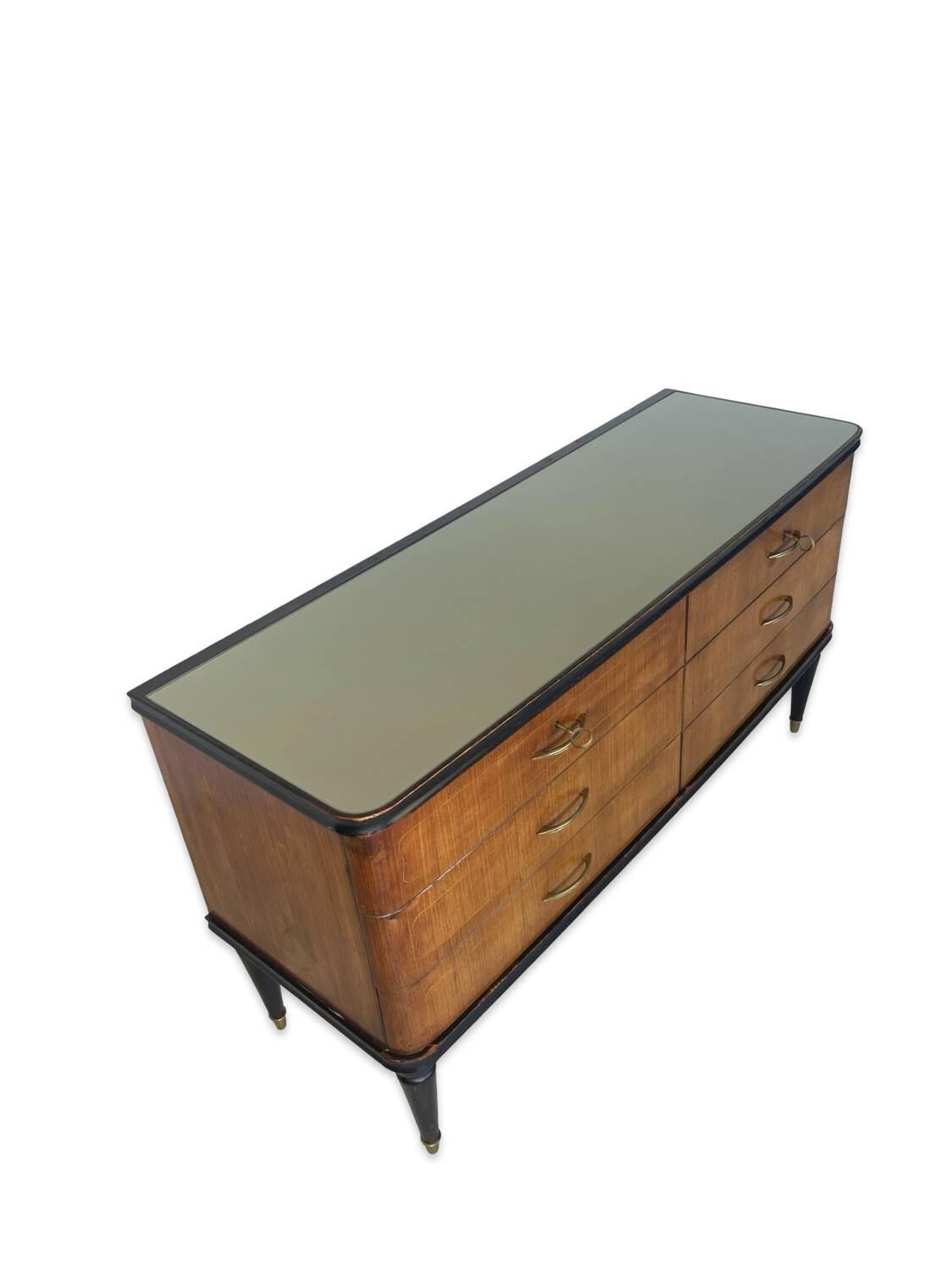 Commode en acajou plaqué avec plateau en verre vert, années 1950