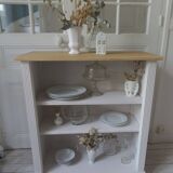 Re-enchanted bookcase in pearl gray, light oak waxed top.