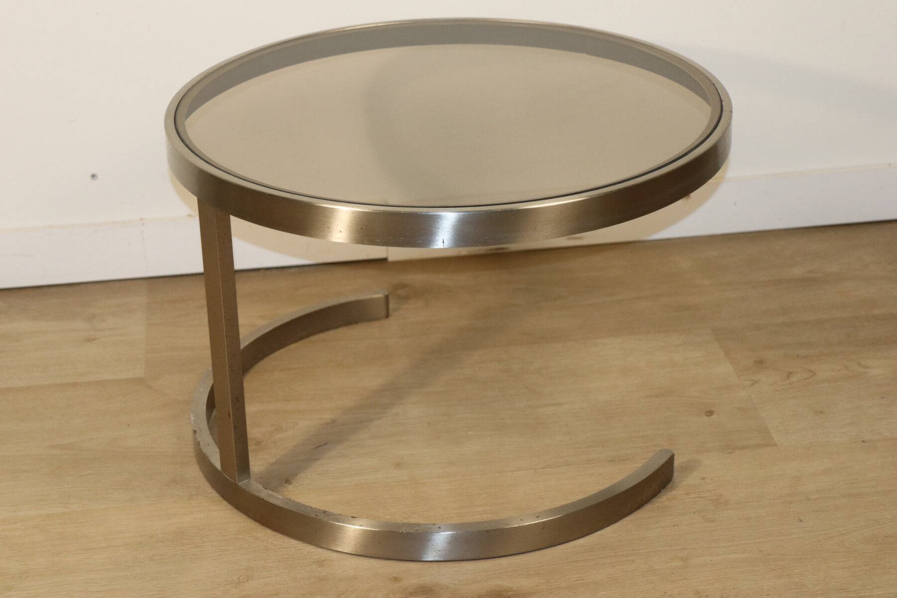 Table basse d'appoint vintage en acier brossé et verre, 1970