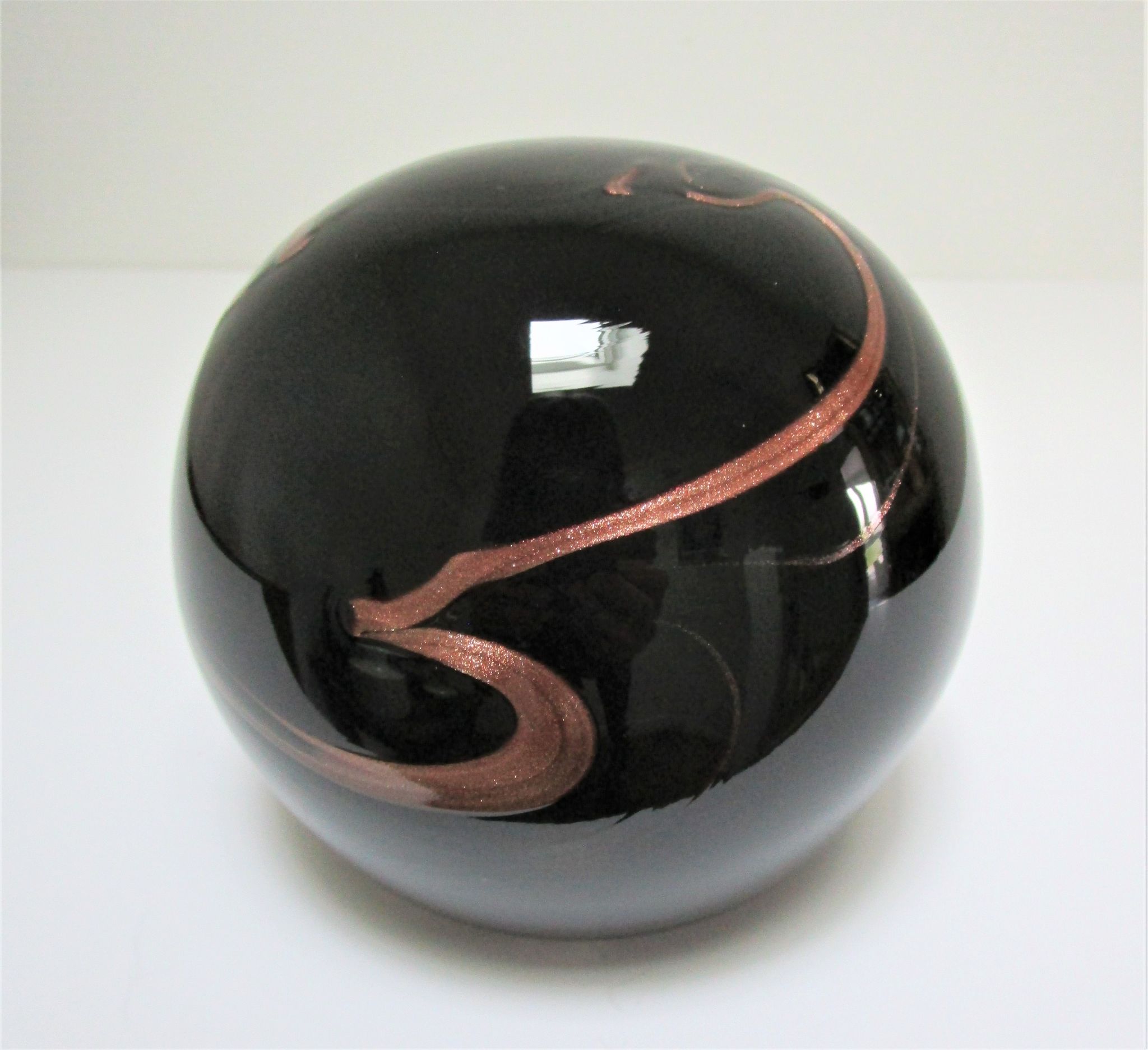 ball paperweight black and coppery glass paste Bob le Bleis glassware Maure Old vintage