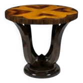 A round Art Deco side table in beech, rosewood & elm burl.