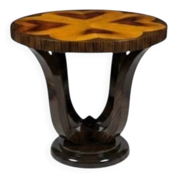 A round Art Deco side table in beech, rosewood & elm burl.