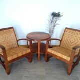 Pair of Art Deco woven rattan armchairs and table