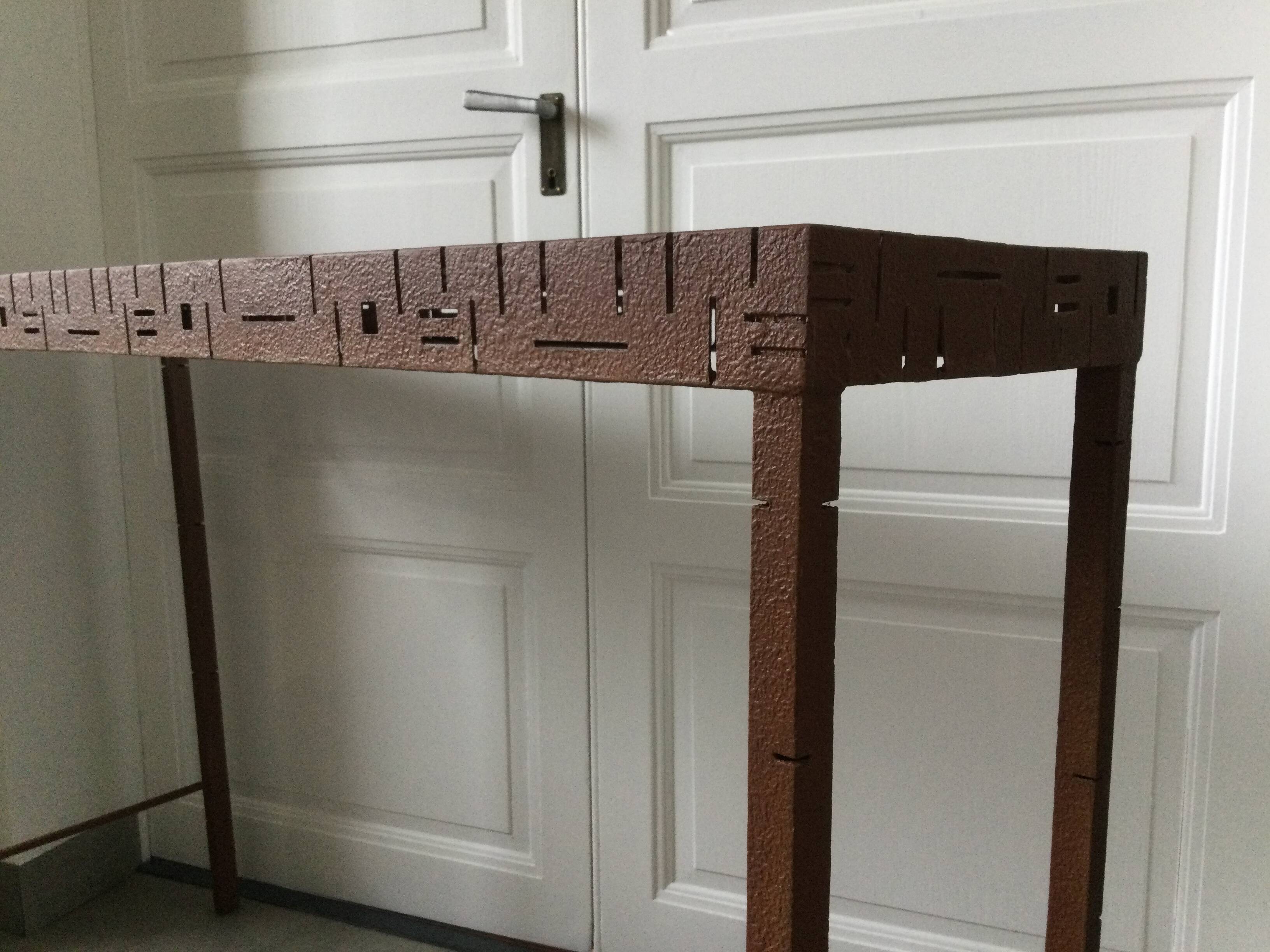 Perforated sheet metal and wood console