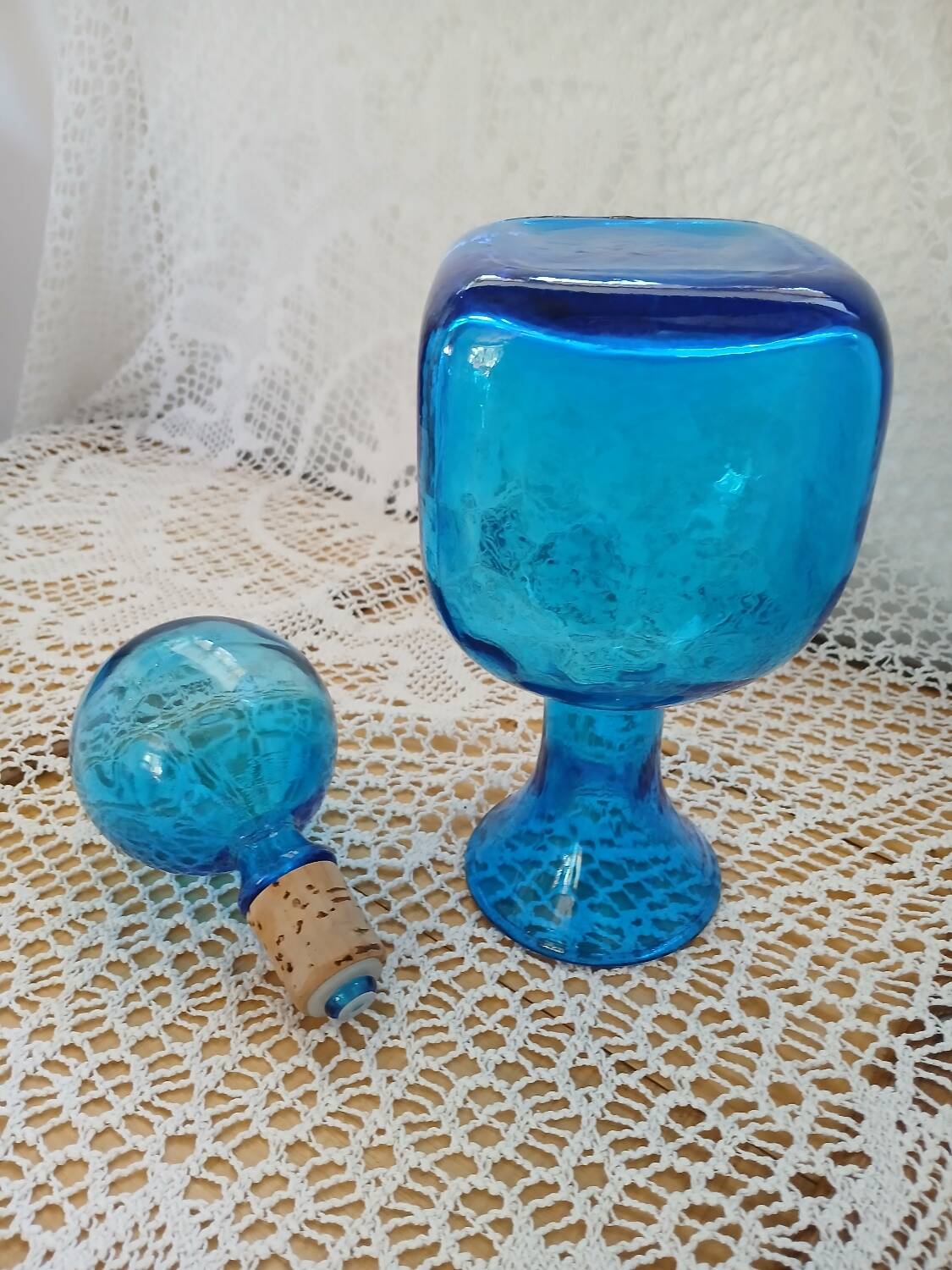 Blue embossed glass carafe