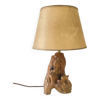 Lampe bois années 50, câble tissu récent 2 M, abat-jour calque