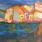 Mediterranean oil on canvas 80s signed Monique Barnier