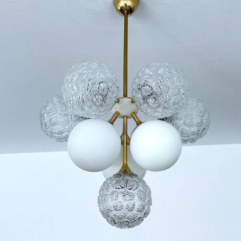 Mid Century Italian Glass & Brass Pendant Light
