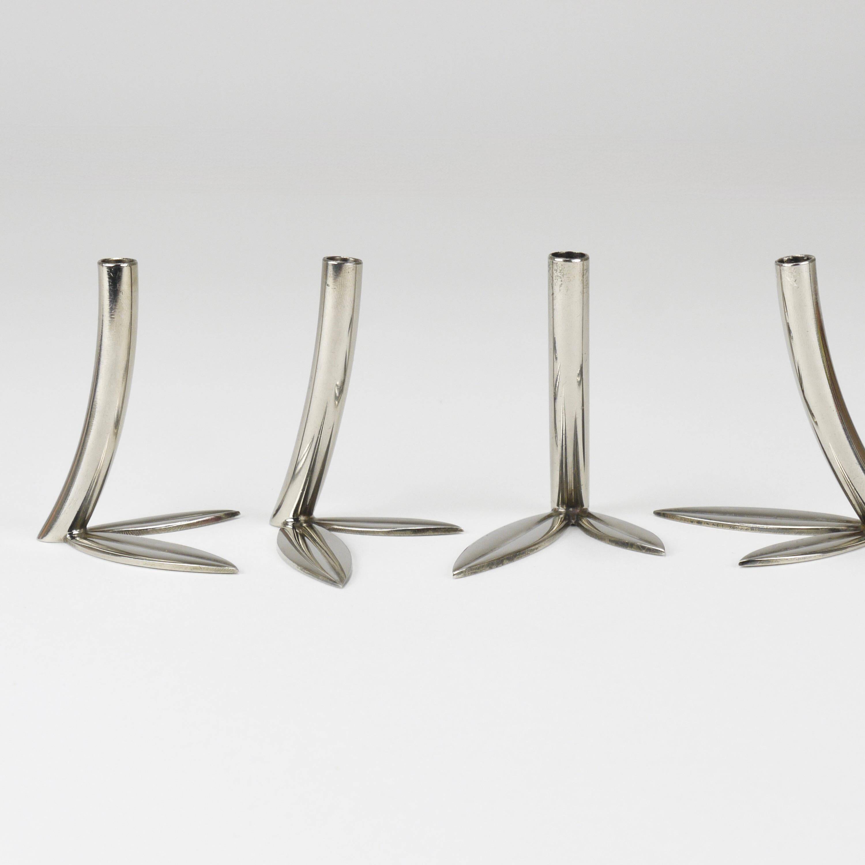 Werkstätte Hagenauer Up to 6 Soliflore Vases Leaf, Brass & Nickel, Vienna, 1960s