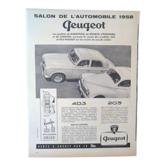Publicité voiture peugeot  403  et  203 issue revue 1958